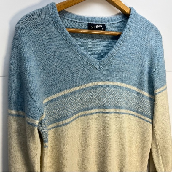 Vtg Puritan Lamb Blend Wool Blue Striped Pullover Sweater Sz Medium Winter Fuzzy - Picture 2 of 9